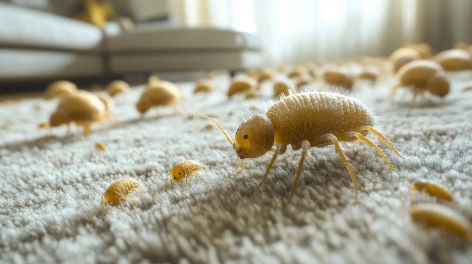 Closeup of bed bugs on carpet