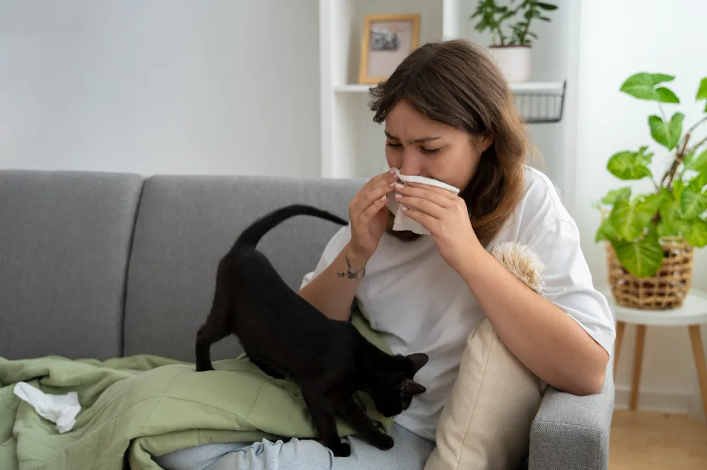 pet cat on sofa sick woman with allergy sitting on sofa home