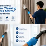 a technician steam cleaning curtain at home