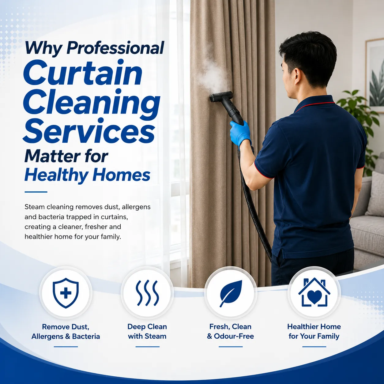 a technician steam cleaning curtain at home
