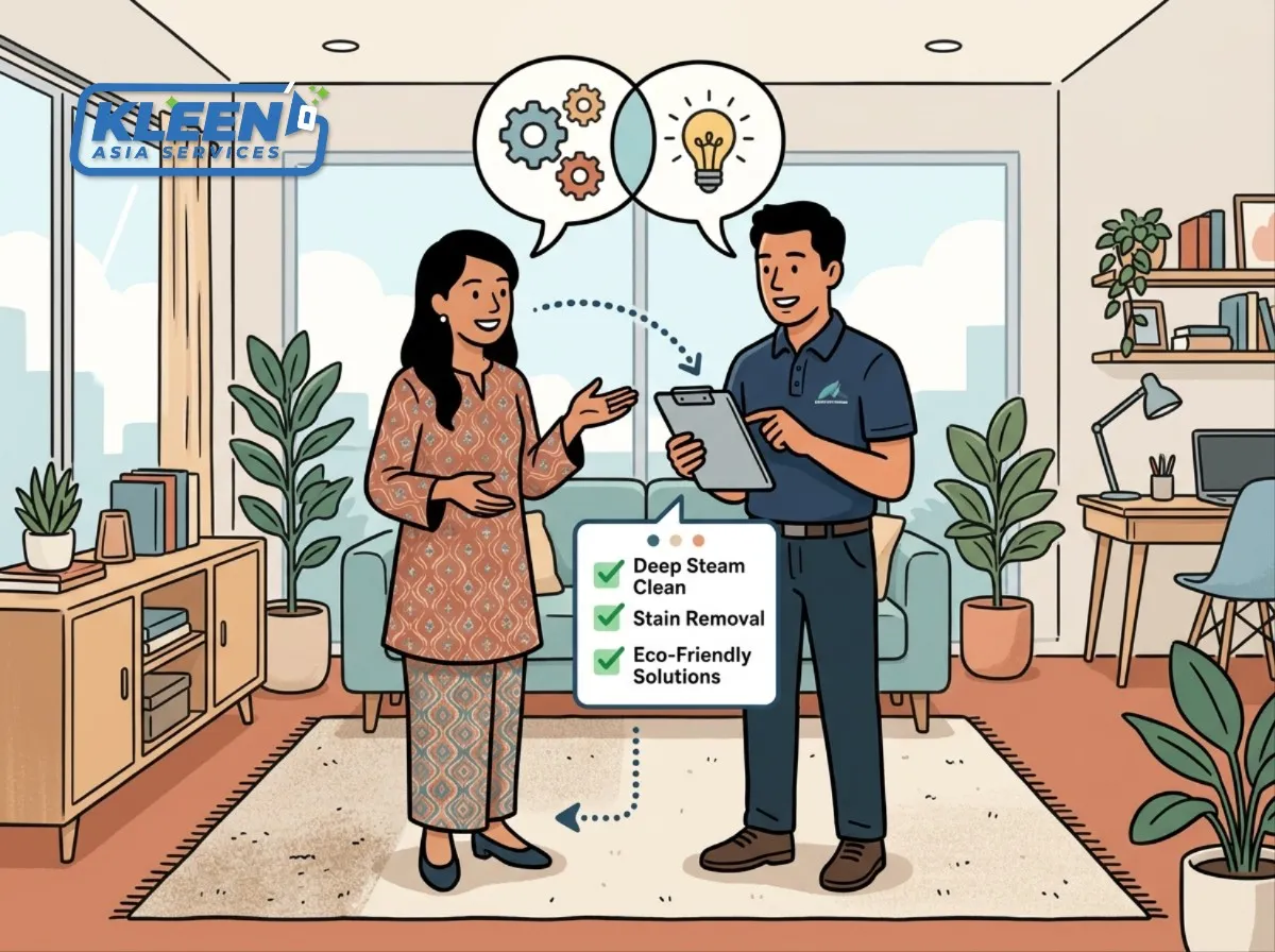 homeowner engaged in conversation with a professional carpet cleaning service representative,